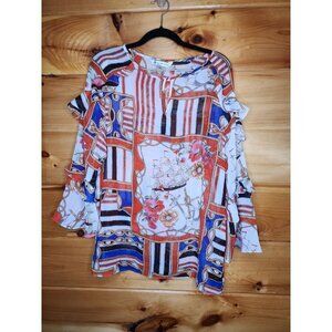 Bianca Nygard Size M White Ship Ahoy 3/4 Ruffled Sleeve Polyester Sheer Blouse